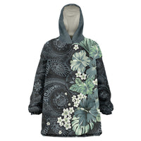 Pauliuli Hawai'i Hibiscus Wearable Blanket Hoodie Polynesian Tribal Tattoo Pattern Floral Elements LT9 One Size Charcoal Blue - Polynesian Pride
