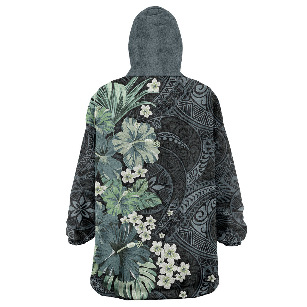 Pauliuli Hawai'i Hibiscus Wearable Blanket Hoodie Polynesian Tribal Tattoo Pattern Floral Elements LT9 - Polynesian Pride
