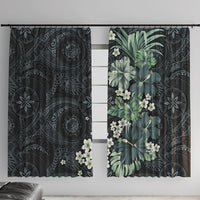 Pauliuli Hawai'i Hibiscus Window Curtain Polynesian Tribal Tattoo Pattern Floral Elements LT9 With Hooks Charcoal Blue - Polynesian Pride