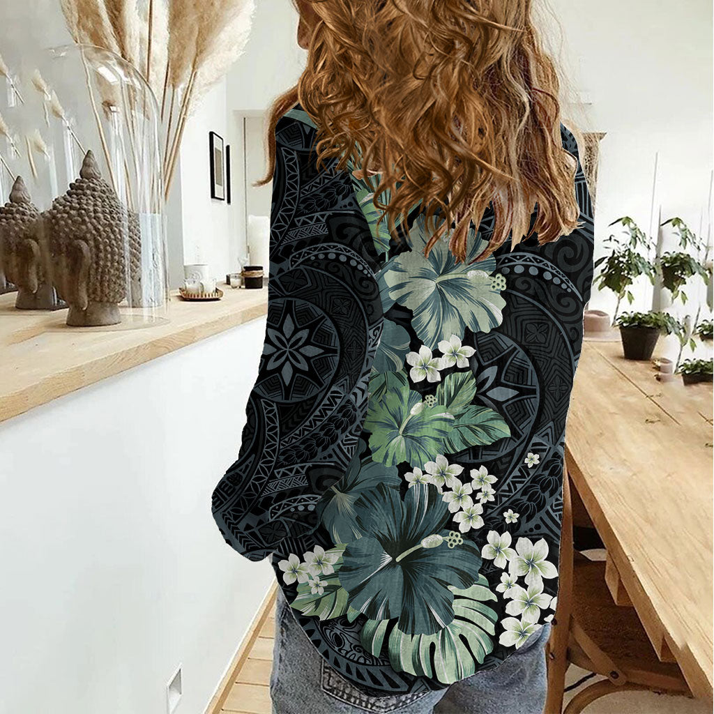 Pauliuli Hawai'i Hibiscus Women Casual Shirt Polynesian Tribal Tattoo Pattern Floral Elements LT9 - Polynesian Pride