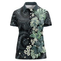 Pauliuli Hawai'i Hibiscus Women Polo Shirt Polynesian Tribal Tattoo Pattern Floral Elements LT9 Female Charcoal Blue - Polynesian Pride