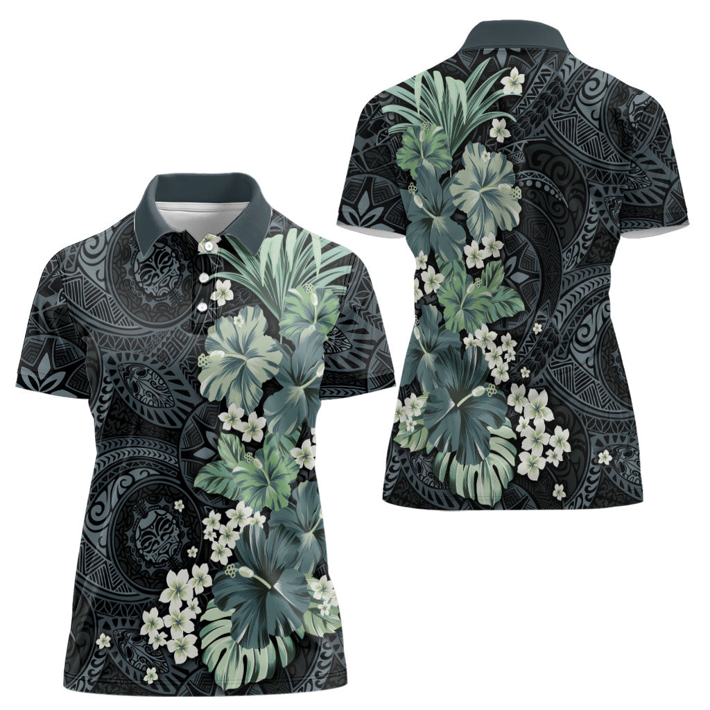 Pauliuli Hawai'i Hibiscus Women Polo Shirt Polynesian Tribal Tattoo Pattern Floral Elements LT9 - Polynesian Pride