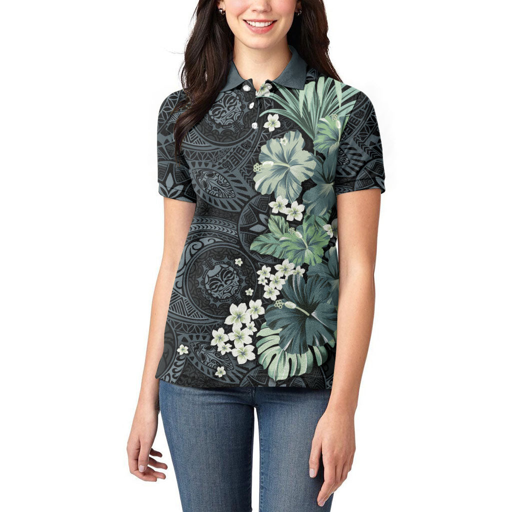 Pauliuli Hawai'i Hibiscus Women Polo Shirt Polynesian Tribal Tattoo Pattern Floral Elements LT9 - Polynesian Pride