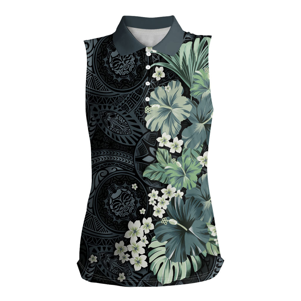 Pauliuli Hawai'i Hibiscus Women Sleeveless Polo Shirt Polynesian Tribal Tattoo Pattern Floral Elements LT9 Female Charcoal Blue - Polynesian Pride