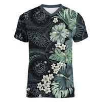 Pauliuli Hawai'i Hibiscus Women V-Neck T-Shirt Polynesian Tribal Tattoo Pattern Floral Elements LT9 Female Charcoal Blue - Polynesian Pride