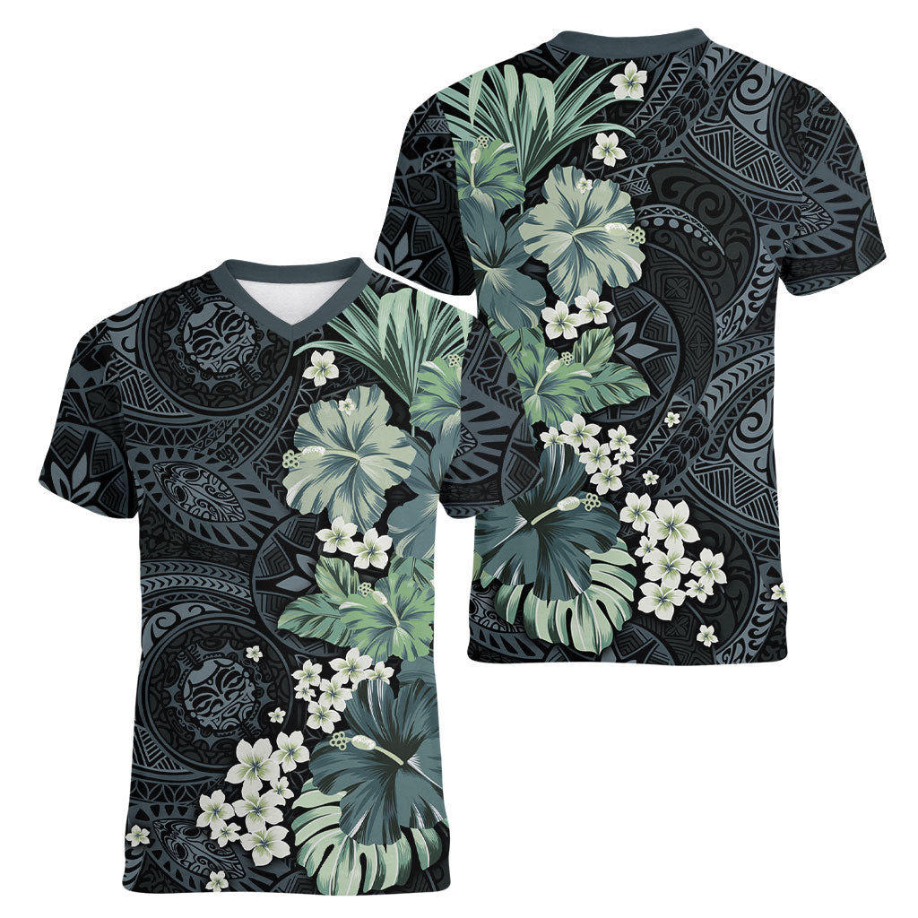 Pauliuli Hawai'i Hibiscus Women V-Neck T-Shirt Polynesian Tribal Tattoo Pattern Floral Elements LT9 - Polynesian Pride