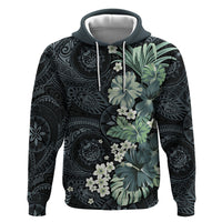 Pauliuli Hawai'i Hibiscus Zip Hoodie Polynesian Tribal Tattoo Pattern Floral Elements LT9 Pullover Hoodie Charcoal Blue - Polynesian Pride