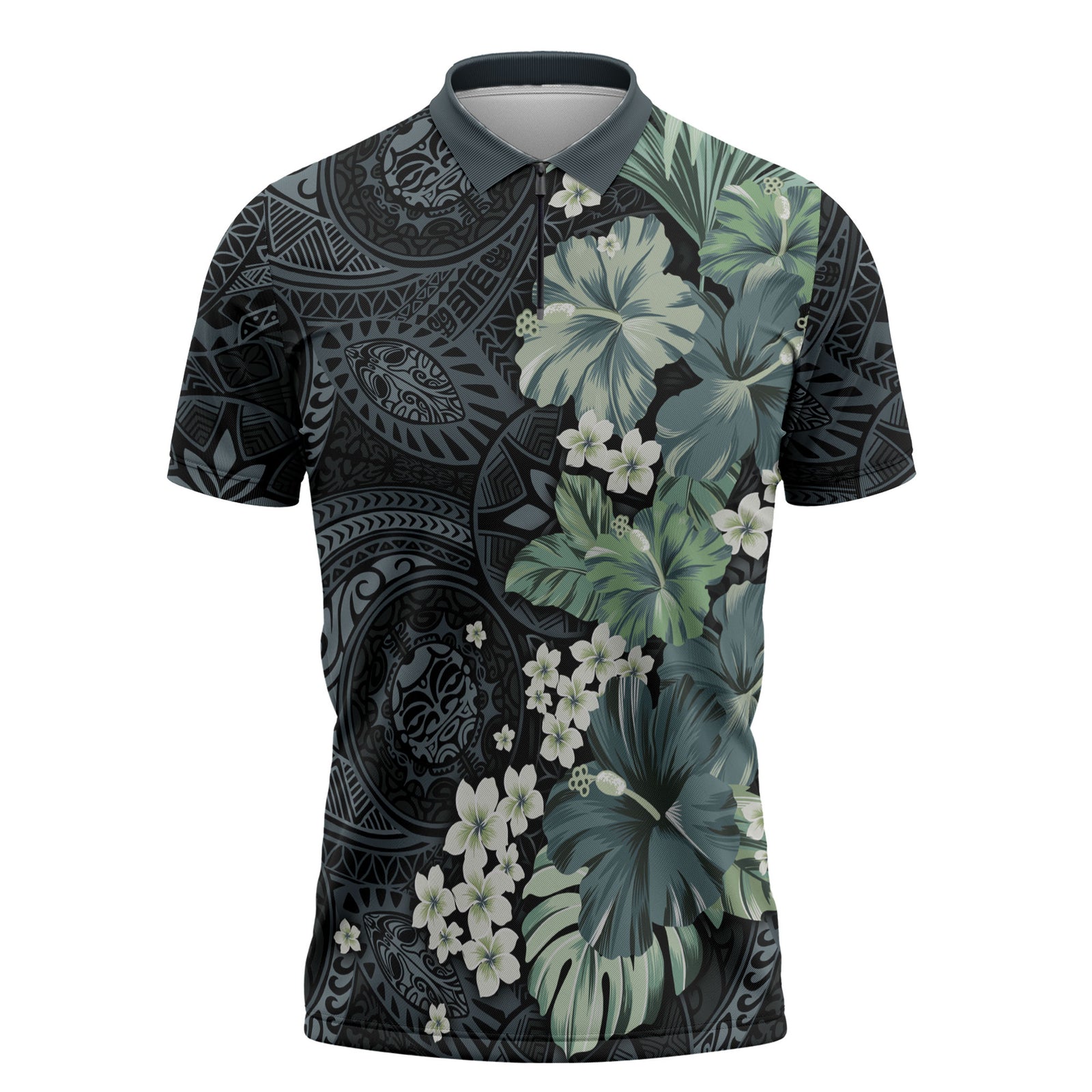 Pauliuli Hawai'i Hibiscus Zipper Polo Shirt Polynesian Tribal Tattoo Pattern Floral Elements LT9 Charcoal Blue - Polynesian Pride