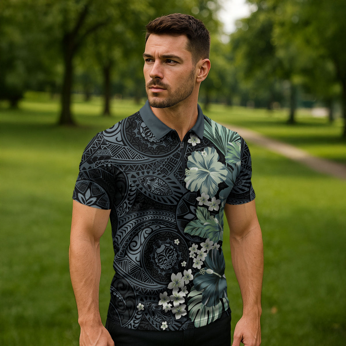 Pauliuli Hawai'i Hibiscus Zipper Polo Shirt Polynesian Tribal Tattoo Pattern Floral Elements LT9 - Polynesian Pride