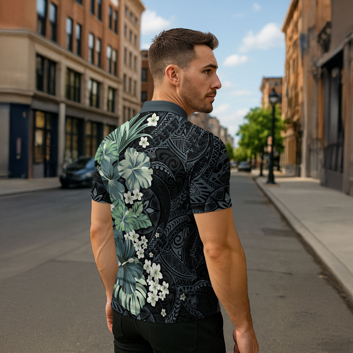 Pauliuli Hawai'i Hibiscus Zipper Polo Shirt Polynesian Tribal Tattoo Pattern Floral Elements LT9 - Polynesian Pride