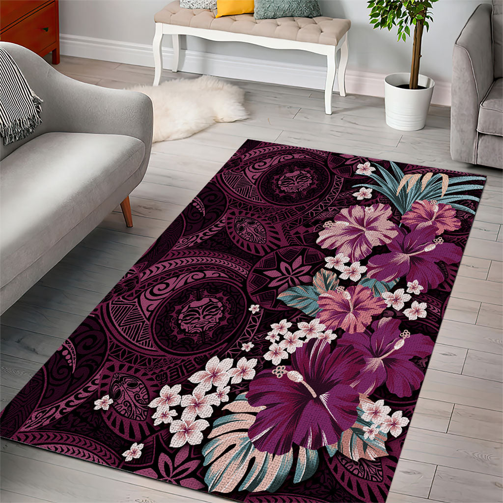 Poni Mama Hawai'i Hibiscus Area Rug Polynesian Tribal Tattoo Pattern Floral Elements LT9 - Polynesian Pride