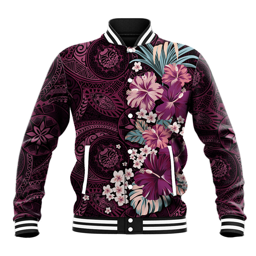 Poni Mama Hawai'i Hibiscus Baseball Jacket Polynesian Tribal Tattoo Pattern Floral Elements LT9 Unisex Pink - Polynesian Pride