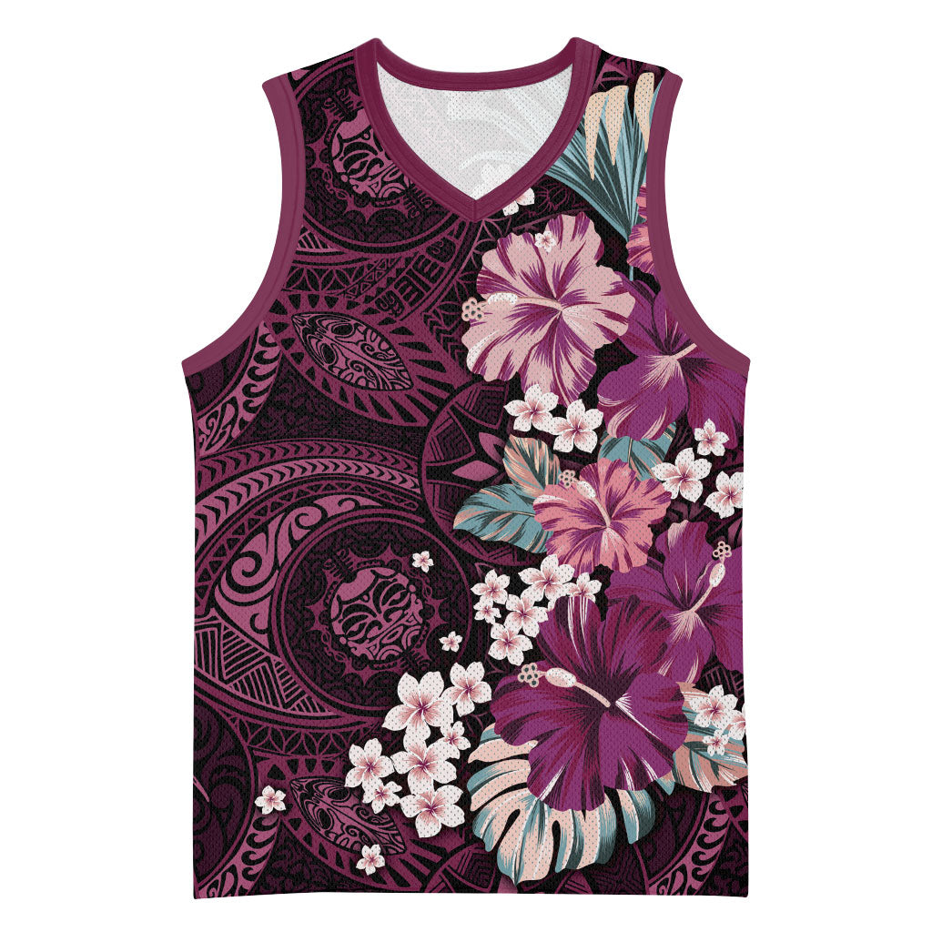 Poni Mama Hawai'i Hibiscus Basketball Jersey Polynesian Tribal Tattoo Pattern Floral Elements LT9 Unisex Pink - Polynesian Pride