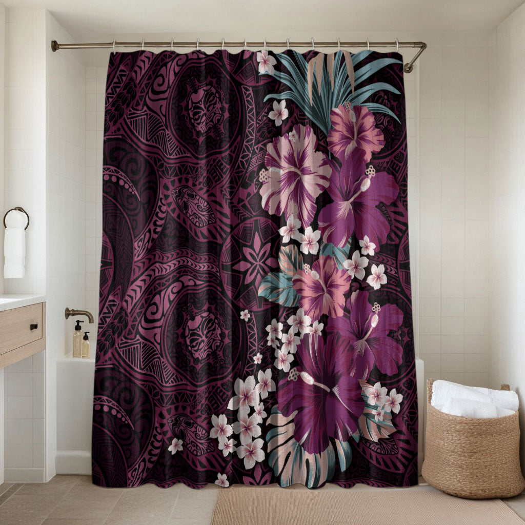 Poni Mama Hawai'i Hibiscus Bathroom Set Polynesian Tribal Tattoo Pattern Floral Elements LT9 Shower Curtain Only Pink - Polynesian Pride