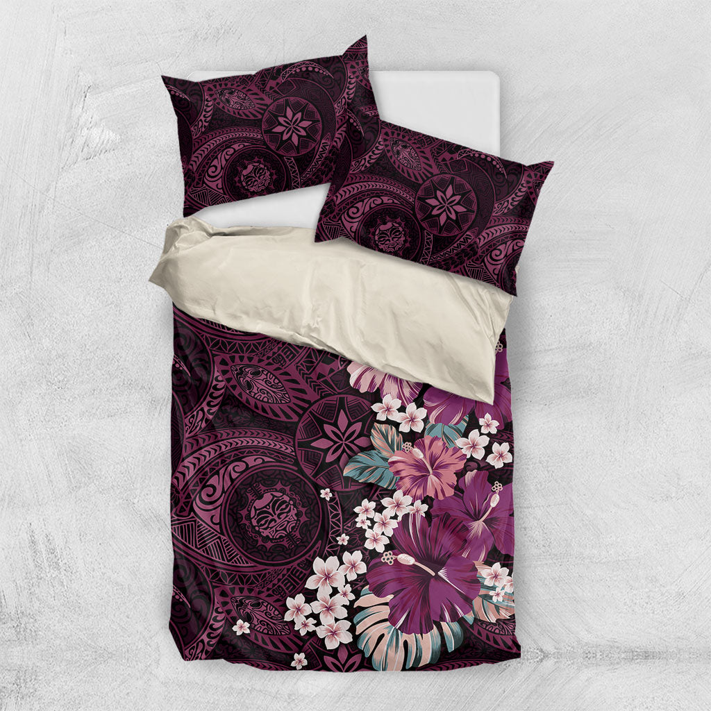 Poni Mama Hawai'i Hibiscus Bedding Set Polynesian Tribal Tattoo Pattern Floral Elements LT9 US Twin 172cm x 218cm Pink - Polynesian Pride