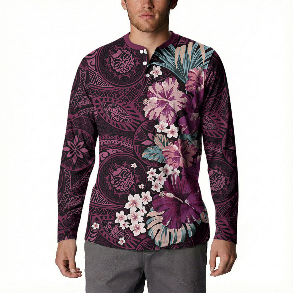 Poni Mama Hawai'i Hibiscus Button Sweatshirt Polynesian Tribal Tattoo Pattern Floral Elements LT9 - Polynesian Pride