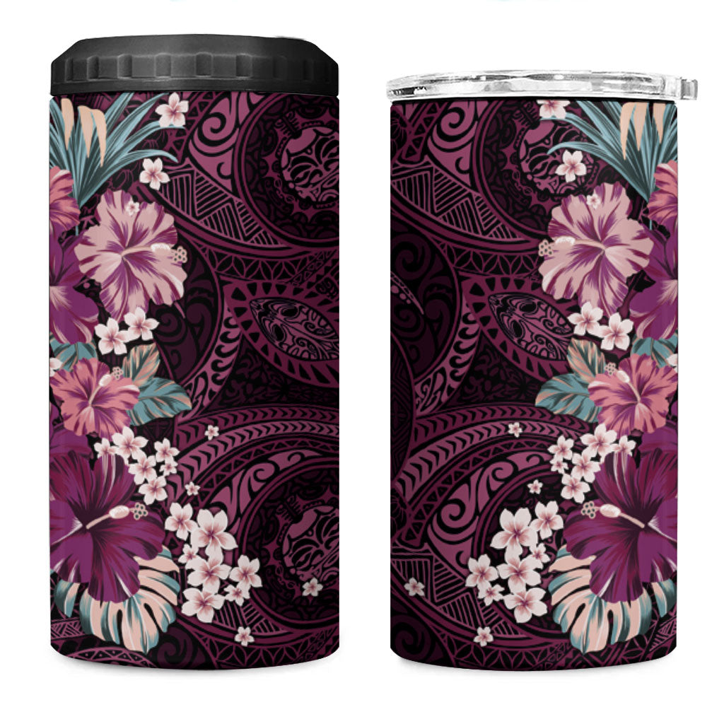 Poni Mama Hawai'i Hibiscus 4 in 1 Can Cooler Tumbler Polynesian Tribal Tattoo Pattern Floral Elements LT9 One Size: 16 oz Pink - Polynesian Pride