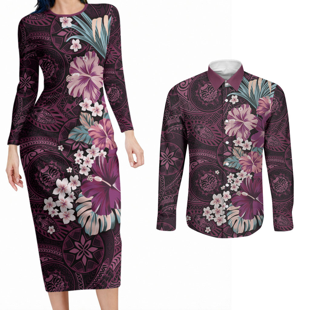 Poni Mama Hawai'i Hibiscus Couples Matching Long Sleeve Bodycon Dress and Long Sleeve Button Shirt Polynesian Tribal Tattoo Pattern Floral Elements LT9 Pink - Polynesian Pride