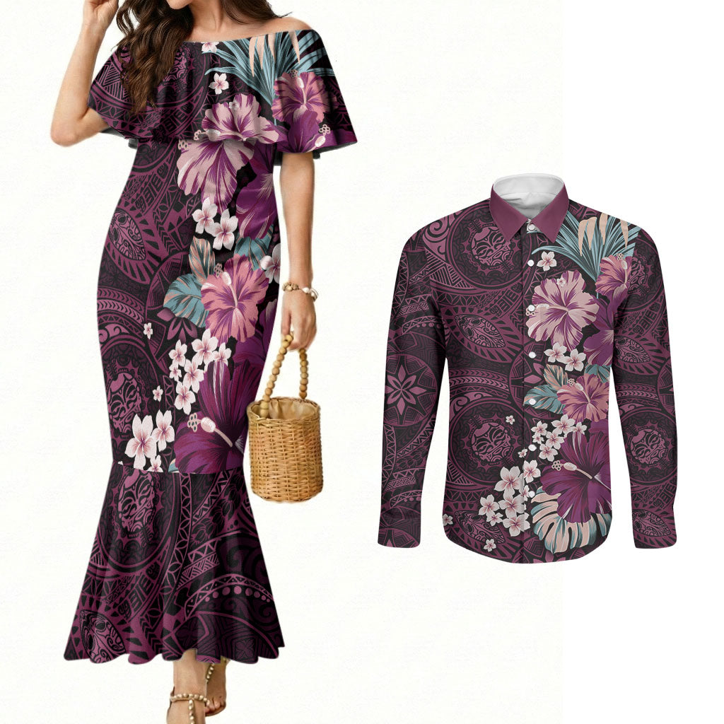 Poni Mama Hawai'i Hibiscus Couples Matching Mermaid Dress and Long Sleeve Button Shirt Polynesian Tribal Tattoo Pattern Floral Elements LT9 Pink - Polynesian Pride