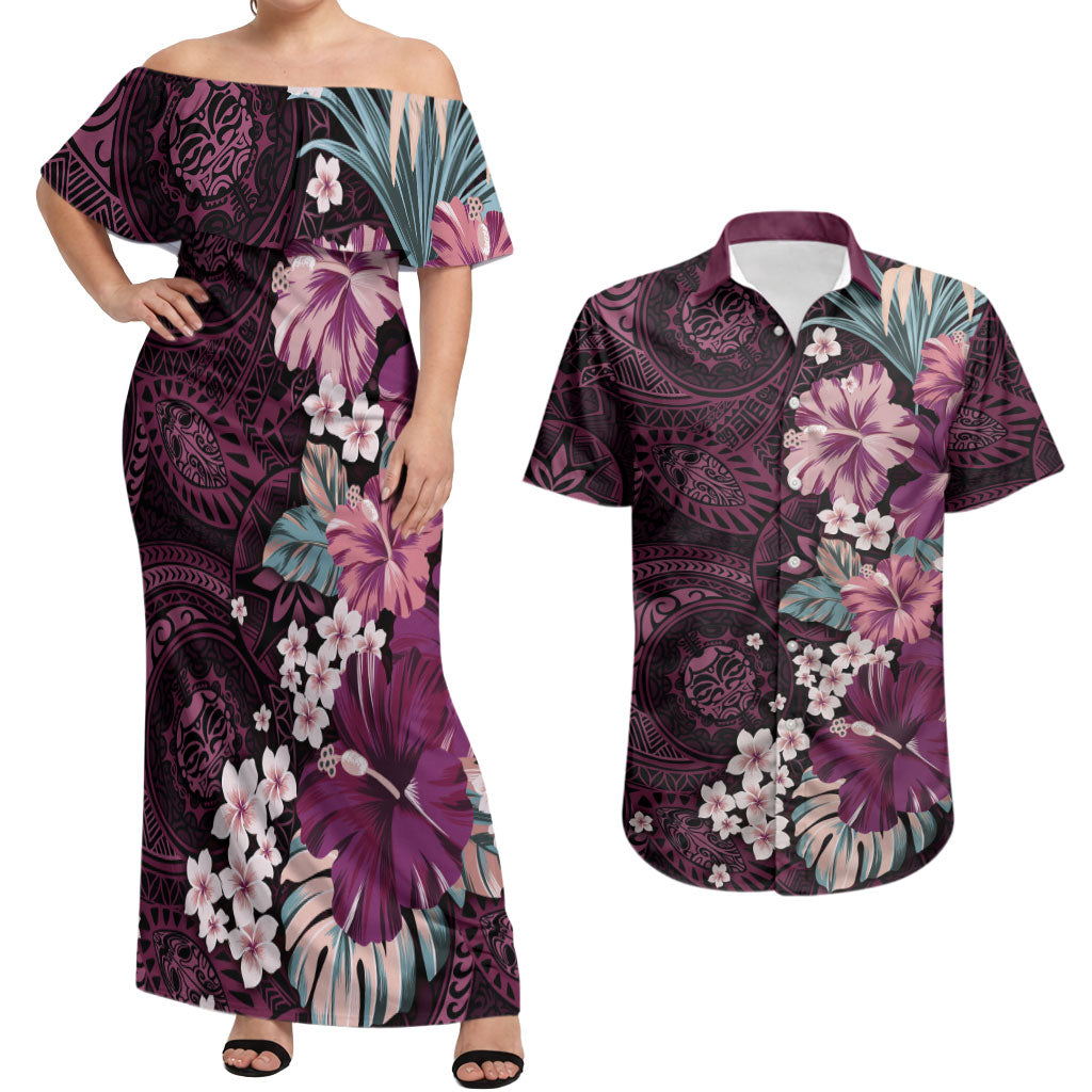 Poni Mama Hawai'i Hibiscus Couples Matching Off Shoulder Maxi Dress and Hawaiian Shirt Polynesian Tribal Tattoo Pattern Floral Elements LT9 Pink - Polynesian Pride