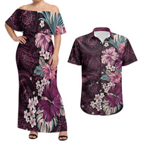 Poni Mama Hawai'i Hibiscus Couples Matching Off Shoulder Maxi Dress and Hawaiian Shirt Polynesian Tribal Tattoo Pattern Floral Elements LT9 Pink - Polynesian Pride