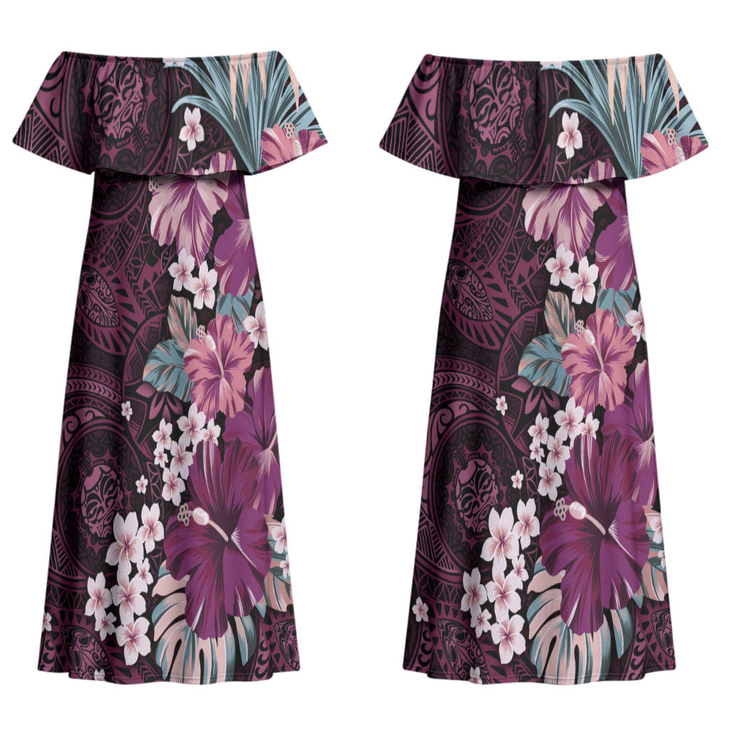 Poni Mama Hawai'i Hibiscus Couples Matching Off Shoulder Maxi Dress and Hawaiian Shirt Polynesian Tribal Tattoo Pattern Floral Elements LT9 - Polynesian Pride