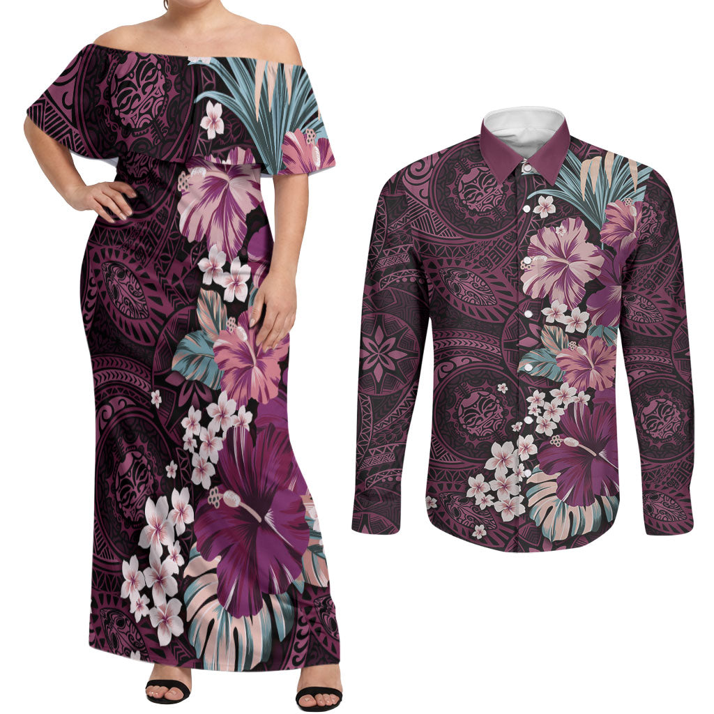 Poni Mama Hawai'i Hibiscus Couples Matching Off Shoulder Maxi Dress and Long Sleeve Button Shirt Polynesian Tribal Tattoo Pattern Floral Elements LT9 Pink - Polynesian Pride