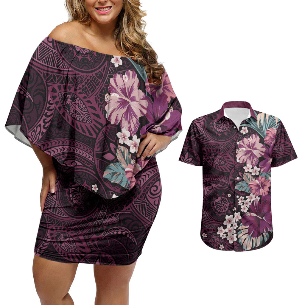 Poni Mama Hawai'i Hibiscus Couples Matching Off Shoulder Short Dress and Hawaiian Shirt Polynesian Tribal Tattoo Pattern Floral Elements LT9 Pink - Polynesian Pride