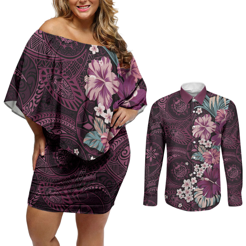 Poni Mama Hawai'i Hibiscus Couples Matching Off Shoulder Short Dress and Long Sleeve Button Shirt Polynesian Tribal Tattoo Pattern Floral Elements LT9 Pink - Polynesian Pride