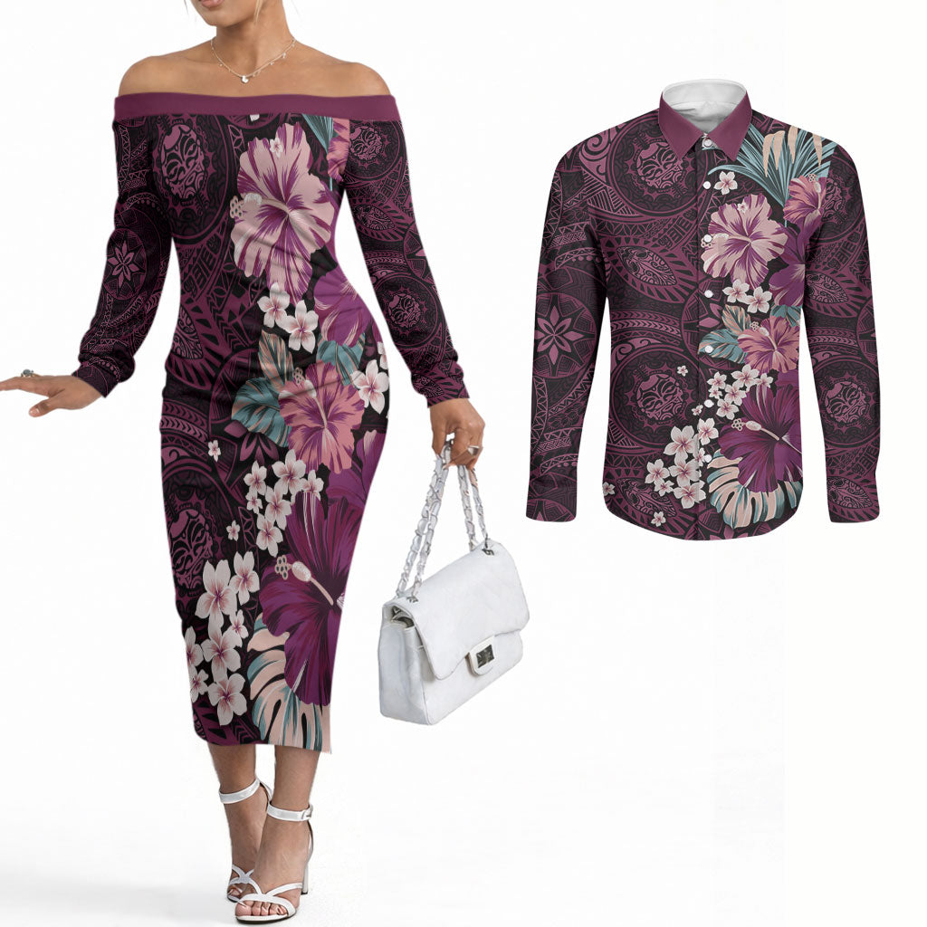 Poni Mama Hawai'i Hibiscus Couples Matching Off The Shoulder Long Sleeve Dress and Long Sleeve Button Shirt Polynesian Tribal Tattoo Pattern Floral Elements LT9 Pink - Polynesian Pride