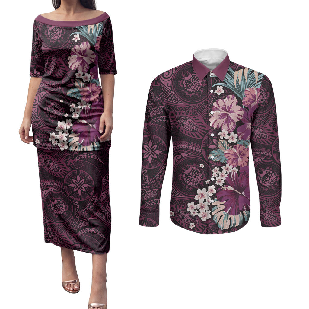 Poni Mama Hawai'i Hibiscus Couples Matching Puletasi and Long Sleeve Button Shirt Polynesian Tribal Tattoo Pattern Floral Elements LT9 Pink - Polynesian Pride