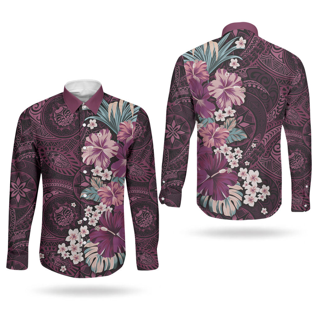 Poni Mama Hawai'i Hibiscus Couples Matching Puletasi and Long Sleeve Button Shirt Polynesian Tribal Tattoo Pattern Floral Elements LT9 - Polynesian Pride