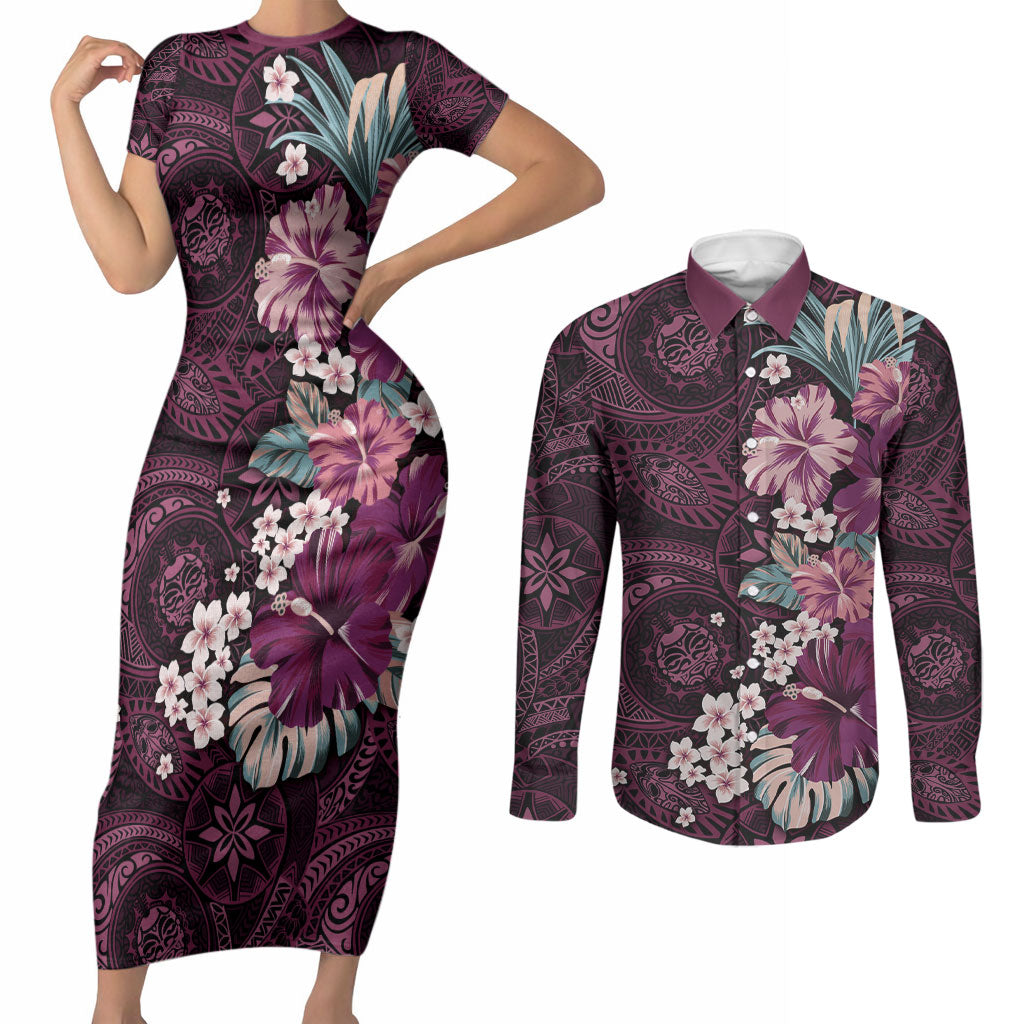 Poni Mama Hawai'i Hibiscus Couples Matching Short Sleeve Bodycon Dress and Long Sleeve Button Shirt Polynesian Tribal Tattoo Pattern Floral Elements LT9 Pink - Polynesian Pride