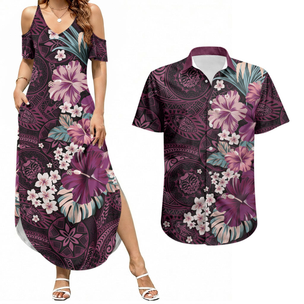 Poni Mama Hawai'i Hibiscus Couples Matching Summer Maxi Dress and Hawaiian Shirt Polynesian Tribal Tattoo Pattern Floral Elements LT9 Pink - Polynesian Pride
