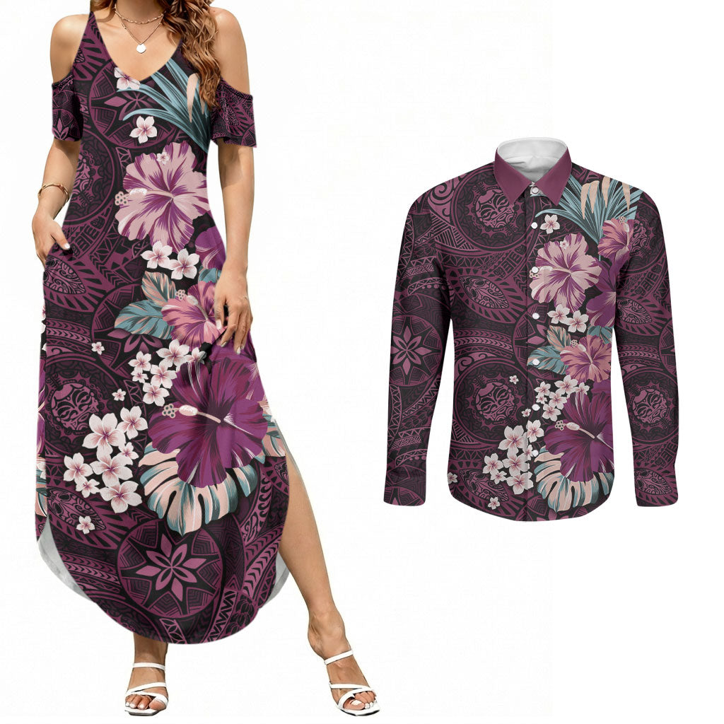 Poni Mama Hawai'i Hibiscus Couples Matching Summer Maxi Dress and Long Sleeve Button Shirt Polynesian Tribal Tattoo Pattern Floral Elements LT9 Pink - Polynesian Pride