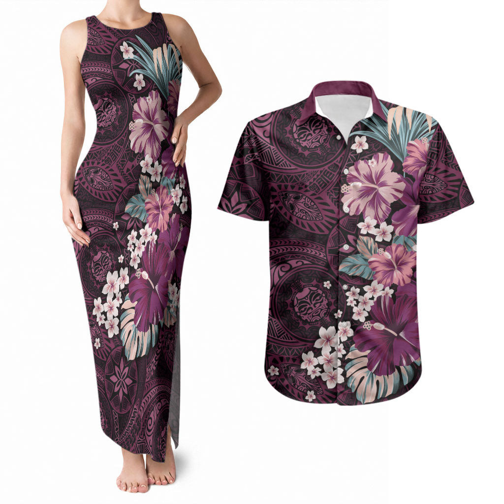 Poni Mama Hawai'i Hibiscus Couples Matching Tank Maxi Dress and Hawaiian Shirt Polynesian Tribal Tattoo Pattern Floral Elements LT9 Pink - Polynesian Pride