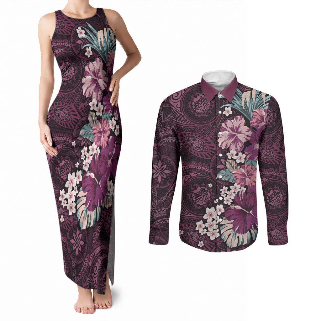 Poni Mama Hawai'i Hibiscus Couples Matching Tank Maxi Dress and Long Sleeve Button Shirt Polynesian Tribal Tattoo Pattern Floral Elements LT9 Pink - Polynesian Pride