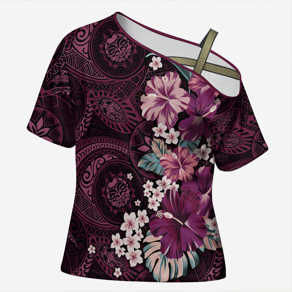 Poni Mama Hawai'i Hibiscus Cross Shoulder Shirt Polynesian Tribal Tattoo Pattern Floral Elements LT9 Female Pink - Polynesian Pride