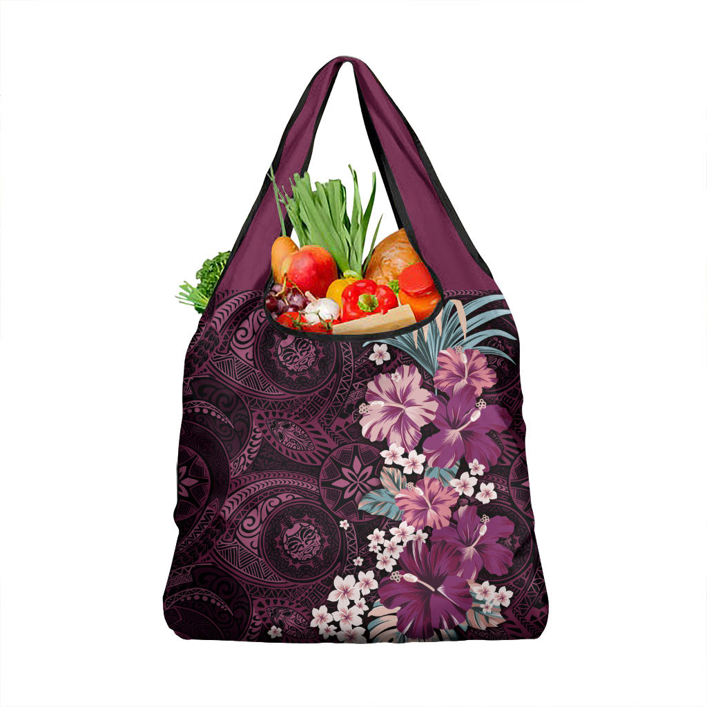 Poni Mama Hawai'i Hibiscus Grocery Bag Polynesian Tribal Tattoo Pattern Floral Elements LT9 1-pack One Size Pink - Polynesian Pride