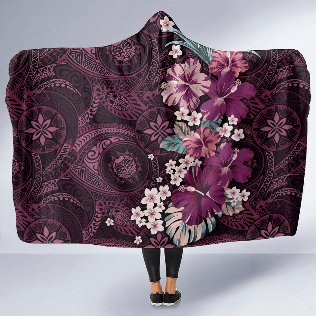 Poni Mama Hawai'i Hibiscus Hooded Blanket Polynesian Tribal Tattoo Pattern Floral Elements LT9 One Size Pink - Polynesian Pride