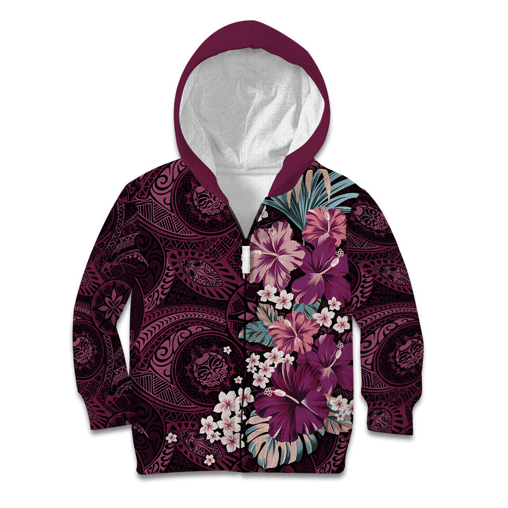 Poni Mama Hawai'i Hibiscus Kid Hoodie Polynesian Tribal Tattoo Pattern Floral Elements LT9 Zip Hoodie Pink - Polynesian Pride
