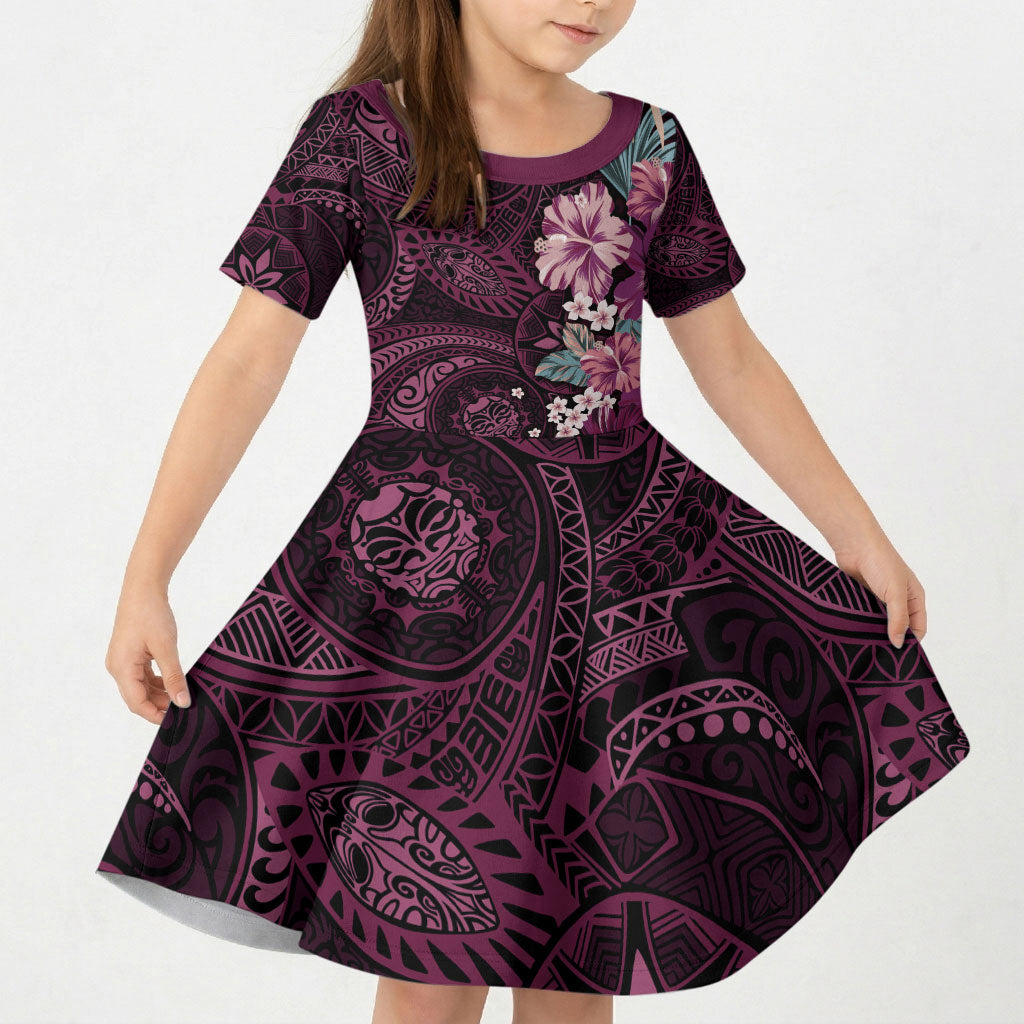 Poni Mama Hawai'i Hibiscus Kid Short Sleeve Dress Polynesian Tribal Tattoo Pattern Floral Elements LT9 KID Pink - Polynesian Pride