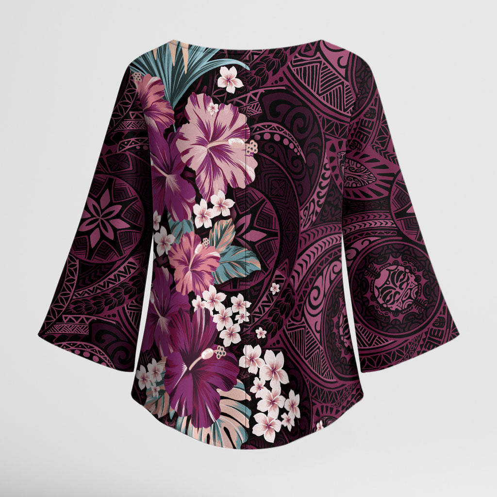 Poni Mama Hawai'i Hibiscus Kimono Sleeve Blouse Polynesian Tribal Tattoo Pattern Floral Elements LT9 - Polynesian Pride