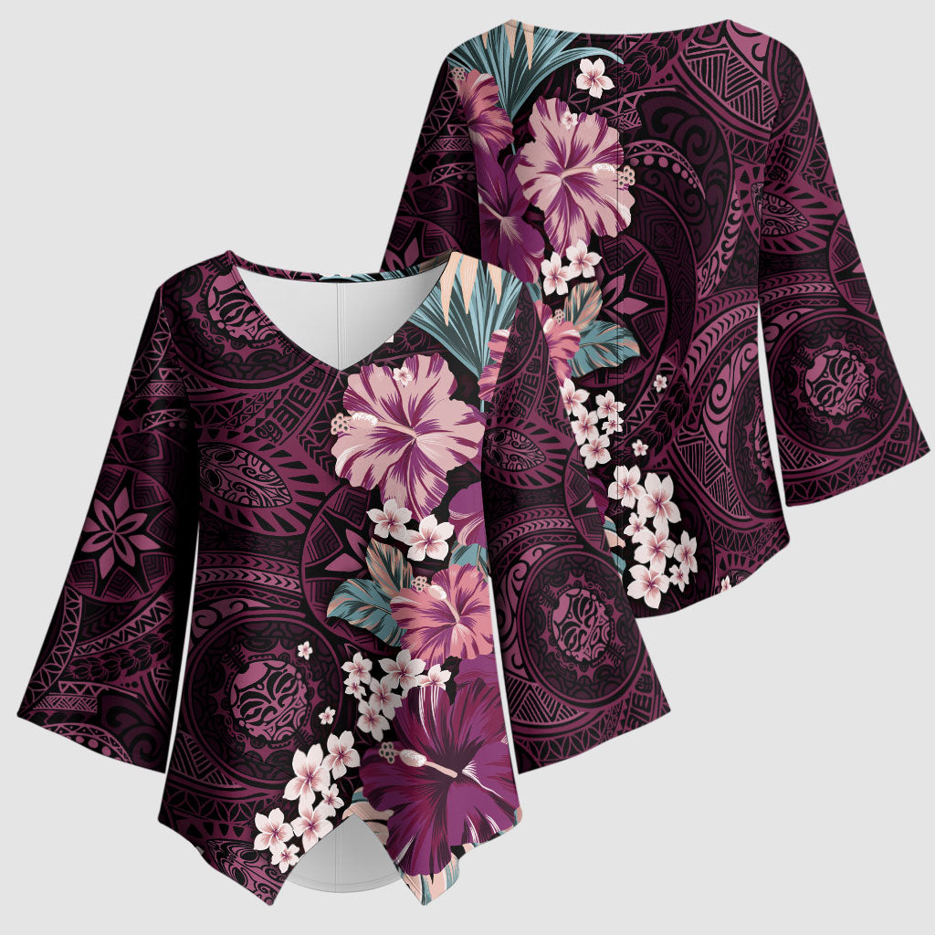 Poni Mama Hawai'i Hibiscus Kimono Sleeve Blouse Polynesian Tribal Tattoo Pattern Floral Elements LT9 - Polynesian Pride