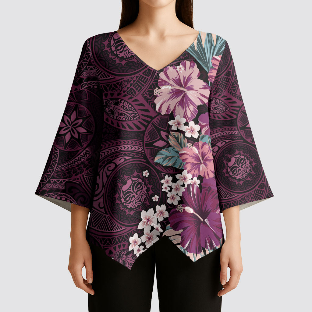Poni Mama Hawai'i Hibiscus Kimono Sleeve Blouse Polynesian Tribal Tattoo Pattern Floral Elements LT9 - Polynesian Pride