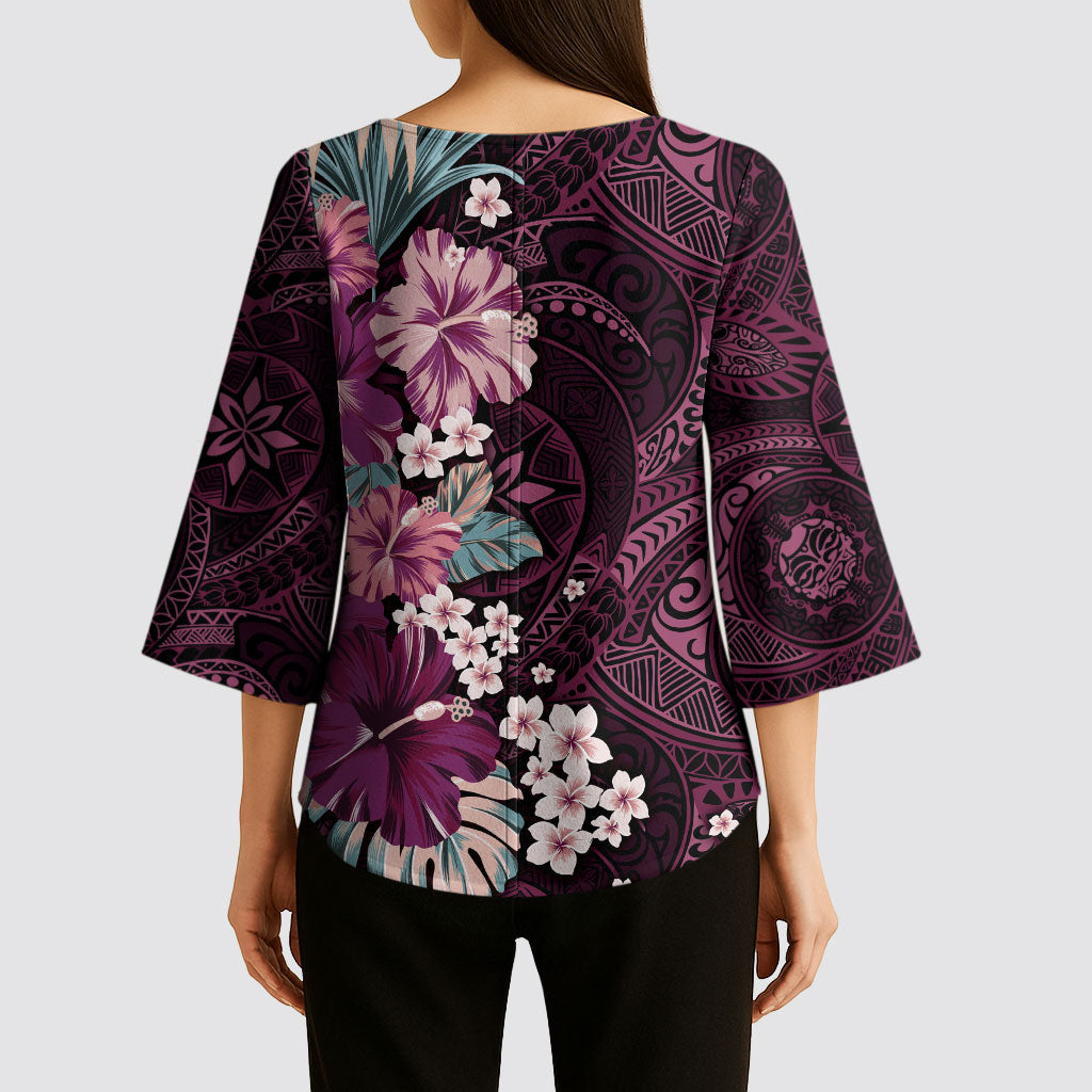 Poni Mama Hawai'i Hibiscus Kimono Sleeve Blouse Polynesian Tribal Tattoo Pattern Floral Elements LT9 - Polynesian Pride