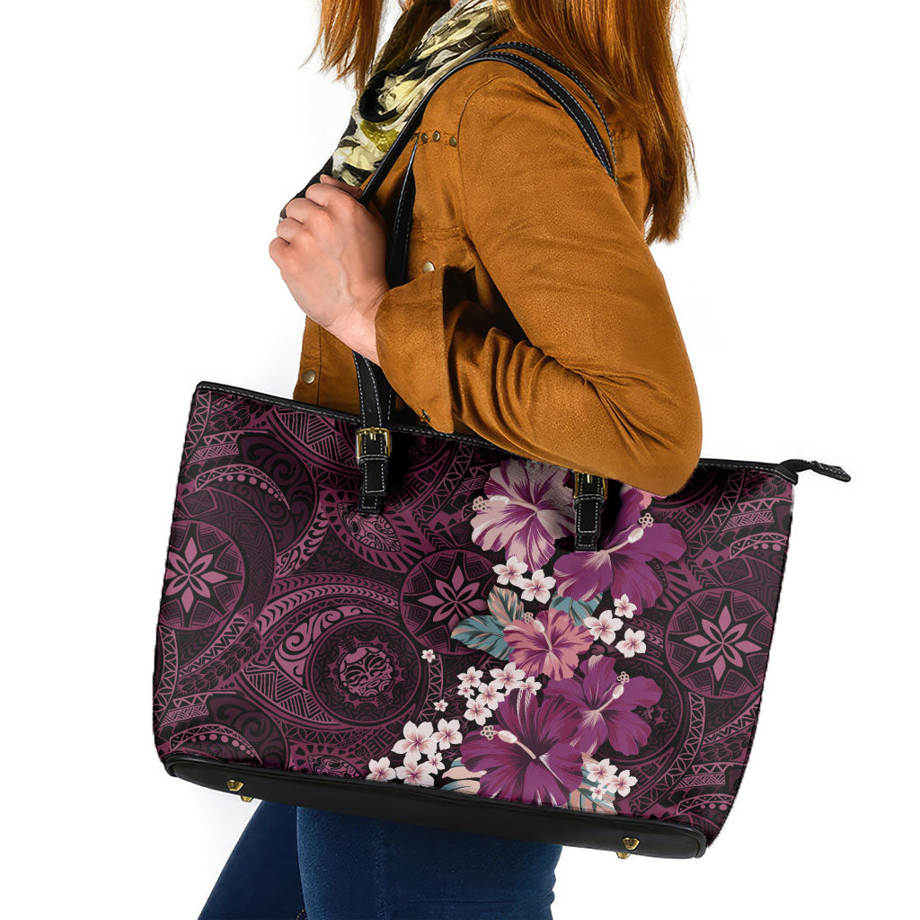 Poni Mama Hawai'i Hibiscus Leather Tote Bag Polynesian Tribal Tattoo Pattern Floral Elements LT9 Pink - Polynesian Pride