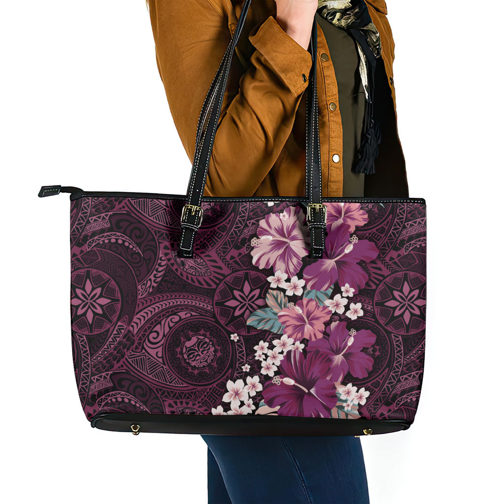 Poni Mama Hawai'i Hibiscus Leather Tote Bag Polynesian Tribal Tattoo Pattern Floral Elements LT9 - Polynesian Pride
