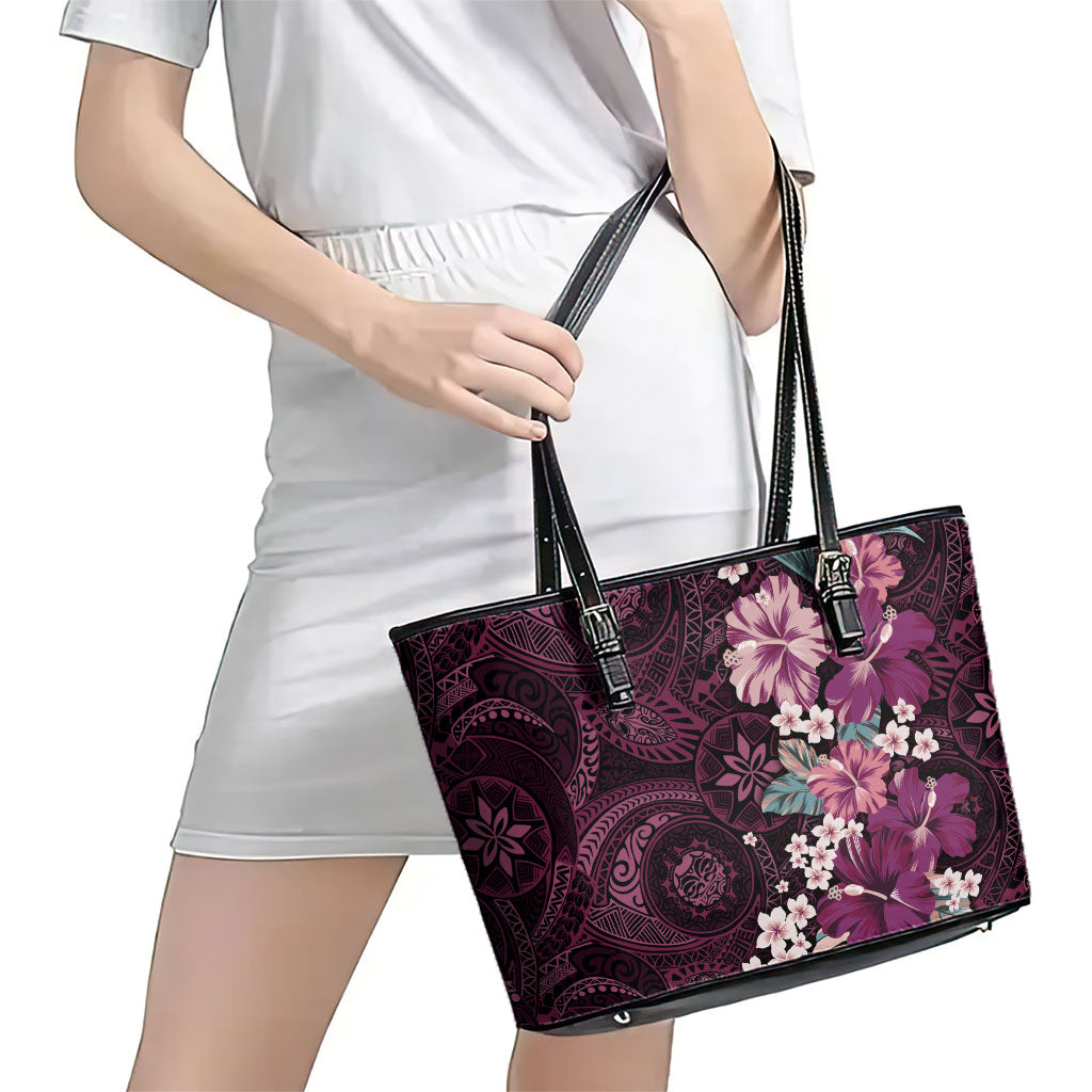 Poni Mama Hawai'i Hibiscus Leather Tote Bag Polynesian Tribal Tattoo Pattern Floral Elements LT9 - Polynesian Pride