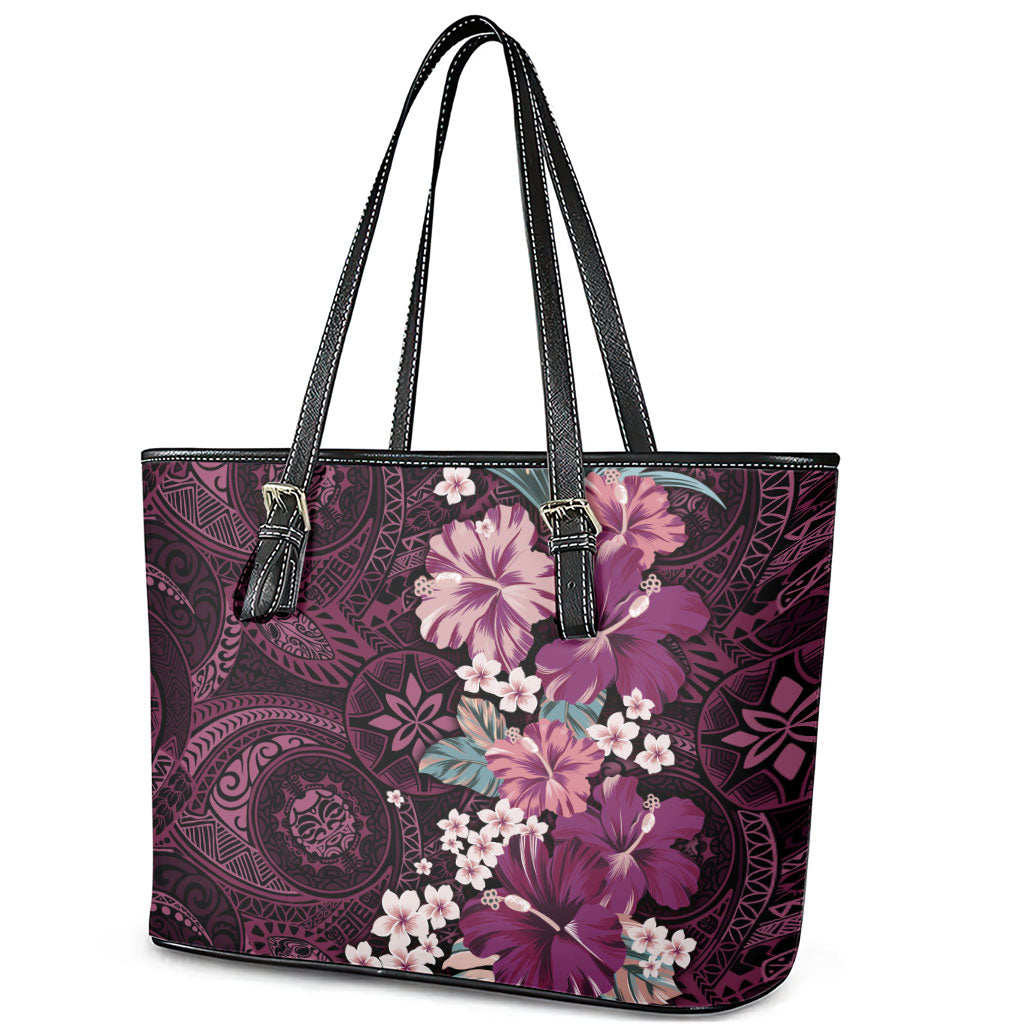 Poni Mama Hawai'i Hibiscus Leather Tote Bag Polynesian Tribal Tattoo Pattern Floral Elements LT9 - Polynesian Pride